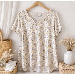 Rachel Zoe 100% Linen Floral Top Women's 1X Short Cap Sleeve Lightweight Blouse